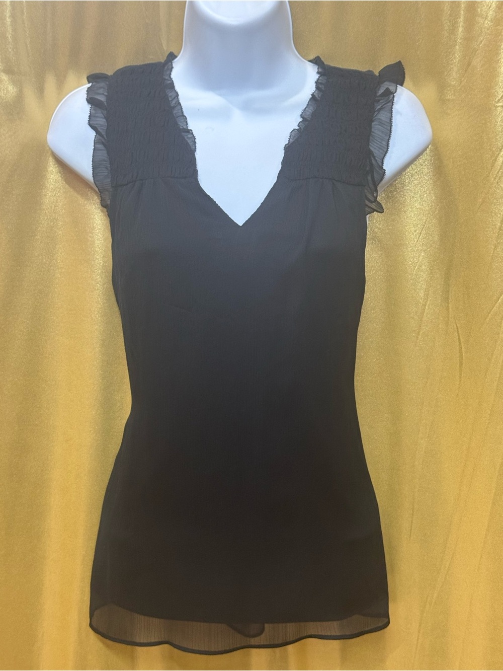 ELLE Black Sleeveless V-Neck Top with Smocked Ruffle Shoulders, Size Small